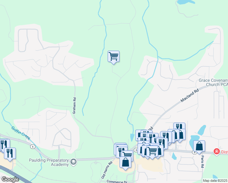 map of restaurants, bars, coffee shops, grocery stores, and more near 573 Coach Bobby Dodd Road in Dallas