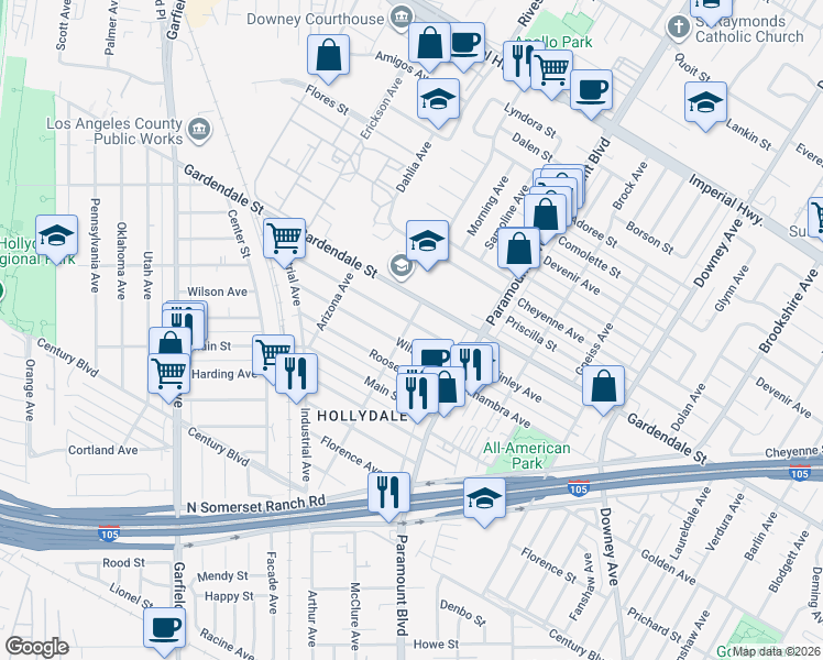 map of restaurants, bars, coffee shops, grocery stores, and more near 6100 McKinley Avenue in South Gate
