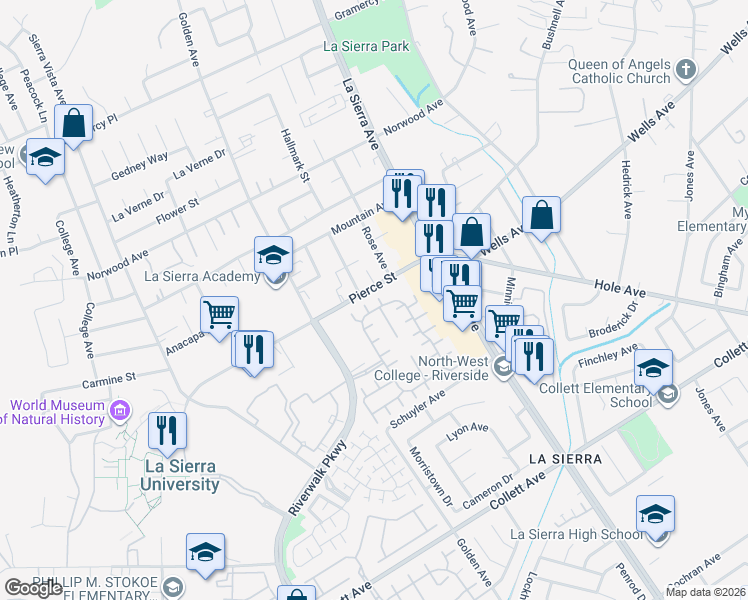 map of restaurants, bars, coffee shops, grocery stores, and more near 11209 Pierce Street in Riverside