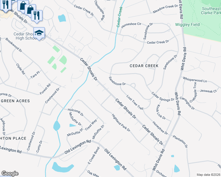 map of restaurants, bars, coffee shops, grocery stores, and more near 1565 Cedar Shoals Drive in Athens
