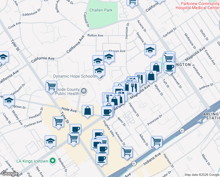 map of restaurants, bars, coffee shops, grocery stores, and more near 3915 Dawes Street in Riverside