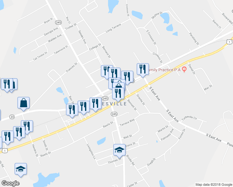map of restaurants, bars, coffee shops, grocery stores, and more near 126 Main Street in Batesburg-Leesville