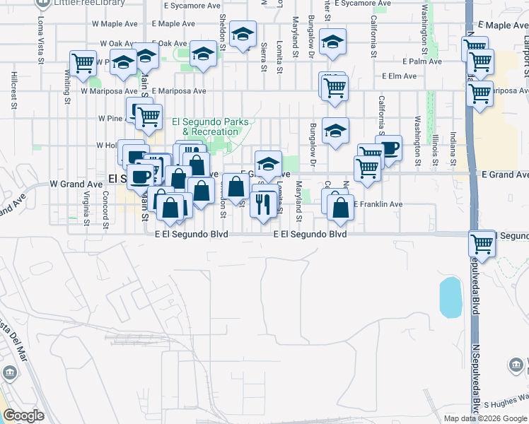 map of restaurants, bars, coffee shops, grocery stores, and more near 735 East Franklin Avenue in El Segundo