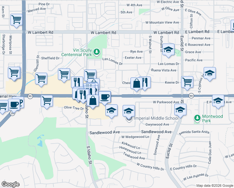 map of restaurants, bars, coffee shops, grocery stores, and more near 917 Del Sur Avenue in La Habra