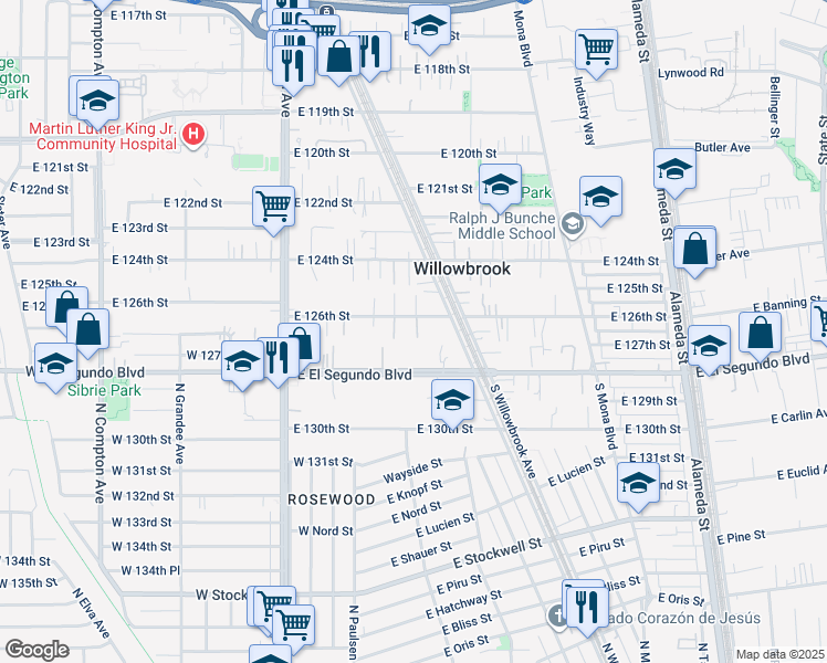 map of restaurants, bars, coffee shops, grocery stores, and more near 2140 East 126th Street in Compton