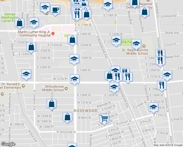 map of restaurants, bars, coffee shops, grocery stores, and more near 2028 East 126th Street in Compton