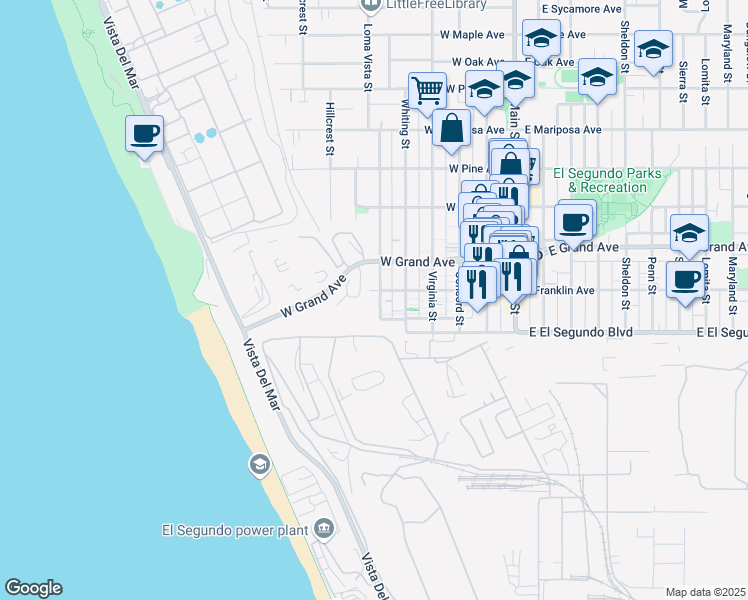 map of restaurants, bars, coffee shops, grocery stores, and more near 201 Loma Vista Street in El Segundo