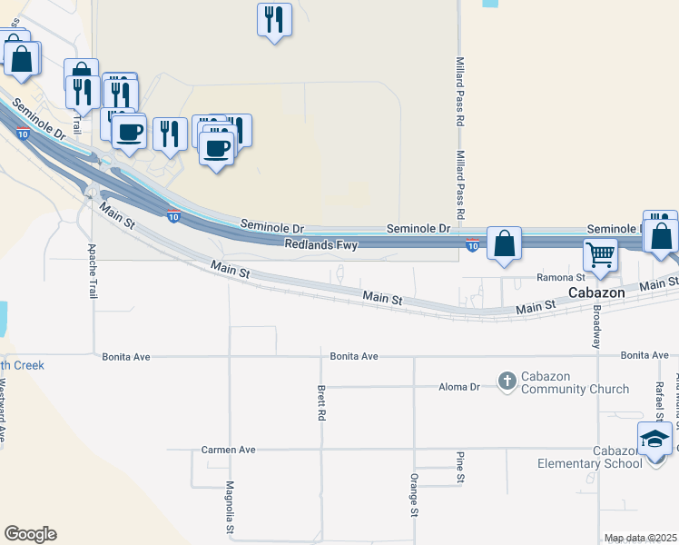 map of restaurants, bars, coffee shops, grocery stores, and more near 49675 Main Street in Cabazon