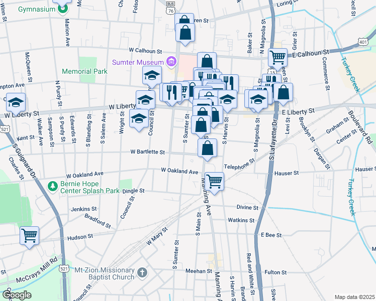 map of restaurants, bars, coffee shops, grocery stores, and more near 119 South Sumter Street in Sumter