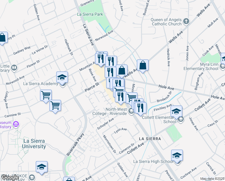 map of restaurants, bars, coffee shops, grocery stores, and more near 4790 La Sierra Avenue in Riverside