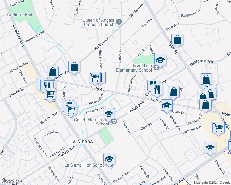 map of restaurants, bars, coffee shops, grocery stores, and more near 10744 Hole Avenue in Riverside
