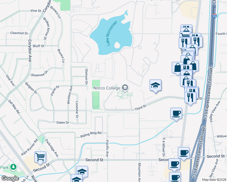 map of restaurants, bars, coffee shops, grocery stores, and more near Center Drive in Norco
