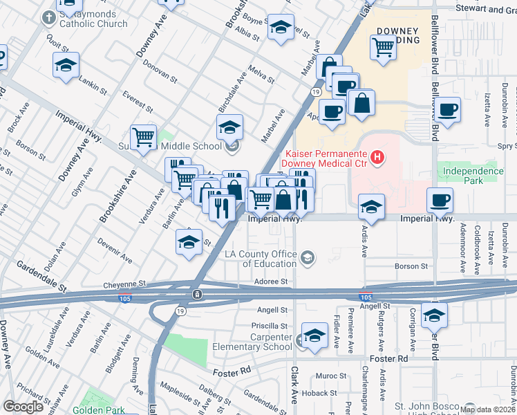 map of restaurants, bars, coffee shops, grocery stores, and more near 12532 Lakewood Boulevard in Downey