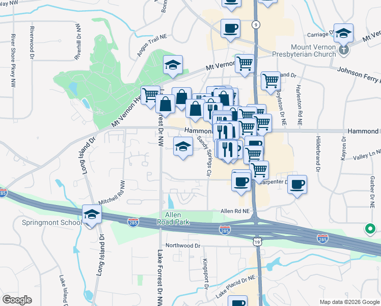 map of restaurants, bars, coffee shops, grocery stores, and more near 5900 Reddington Way NE in Atlanta