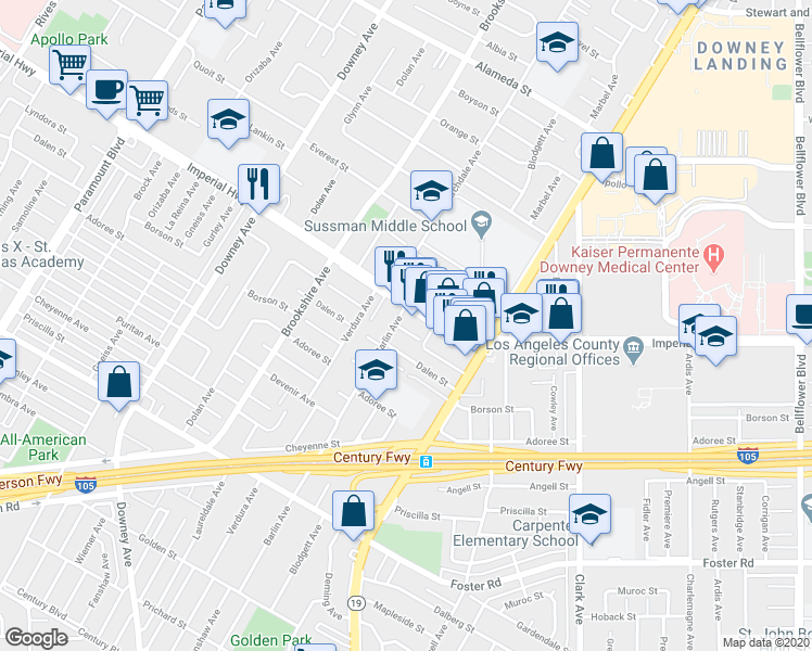 map of restaurants, bars, coffee shops, grocery stores, and more near 8709 Lyndora Street in Downey