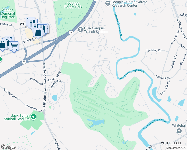 map of restaurants, bars, coffee shops, grocery stores, and more near 174 Woodstone Drive in Athens