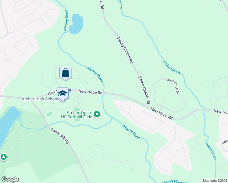 map of restaurants, bars, coffee shops, grocery stores, and more near 2410 New Hope Road in Dacula