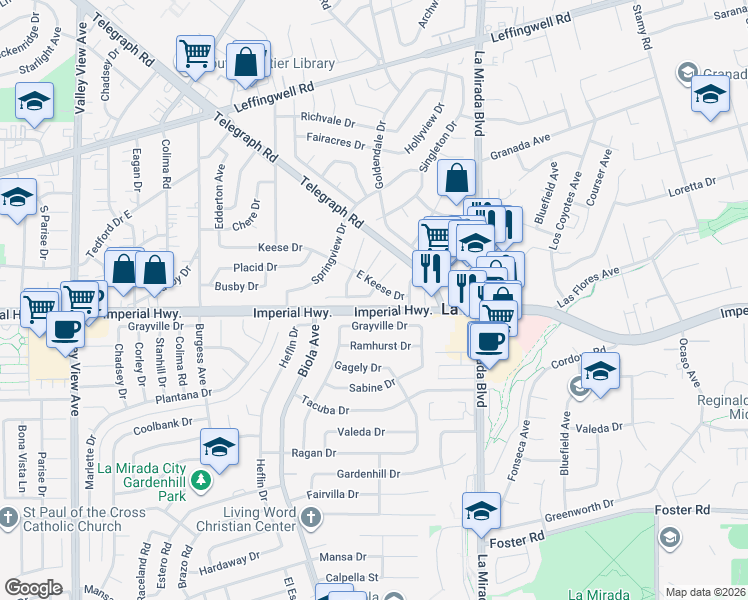map of restaurants, bars, coffee shops, grocery stores, and more near 14772 Lucinda Drive in Whittier