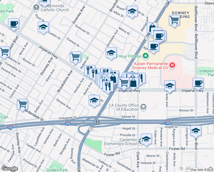 map of restaurants, bars, coffee shops, grocery stores, and more near 8712 Meadow Road in Downey