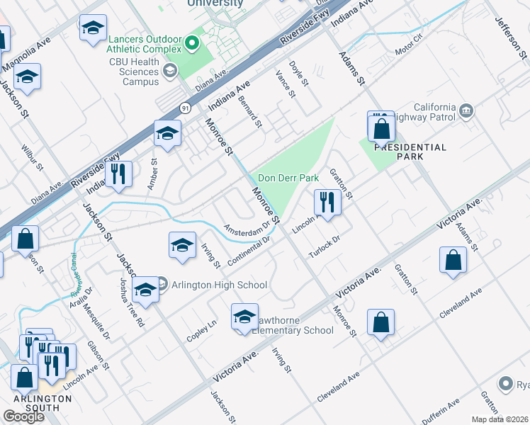 map of restaurants, bars, coffee shops, grocery stores, and more near 3024 Monroe Street in Riverside