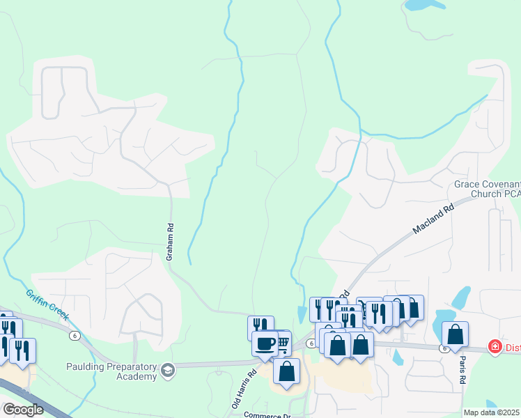 map of restaurants, bars, coffee shops, grocery stores, and more near 573 Coach Bobby Dodd Road in Dallas