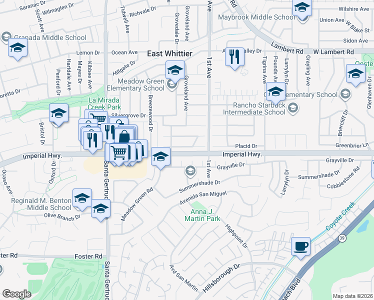 map of restaurants, bars, coffee shops, grocery stores, and more near 16102 Placid Drive in Whittier