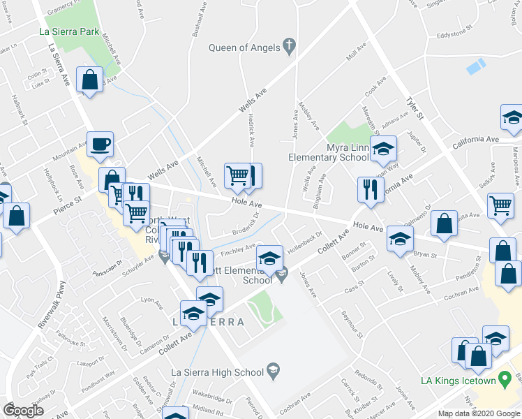 map of restaurants, bars, coffee shops, grocery stores, and more near 10744 Hole Avenue in Riverside
