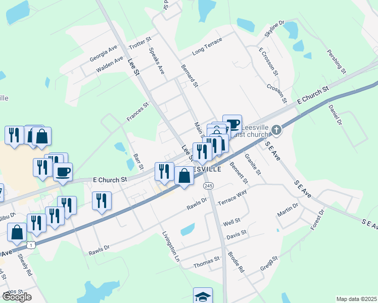 map of restaurants, bars, coffee shops, grocery stores, and more near 400 Leesville Avenue in Batesburg-Leesville