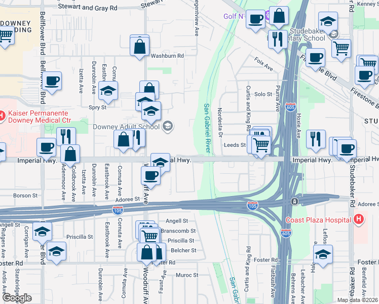 map of restaurants, bars, coffee shops, grocery stores, and more near 10025 Imperial Highway in Downey