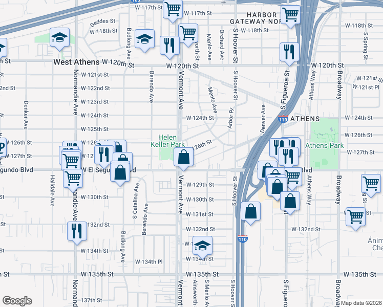 map of restaurants, bars, coffee shops, grocery stores, and more near 816 West 126th Street in Los Angeles