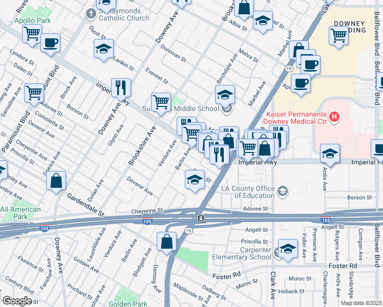 map of restaurants, bars, coffee shops, grocery stores, and more near 8709 Lyndora Street in Downey