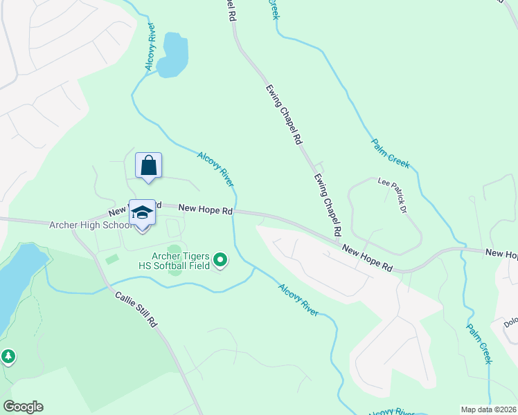 map of restaurants, bars, coffee shops, grocery stores, and more near 2410 New Hope Road in Dacula