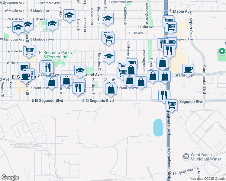 map of restaurants, bars, coffee shops, grocery stores, and more near 201 Nevada Street in El Segundo