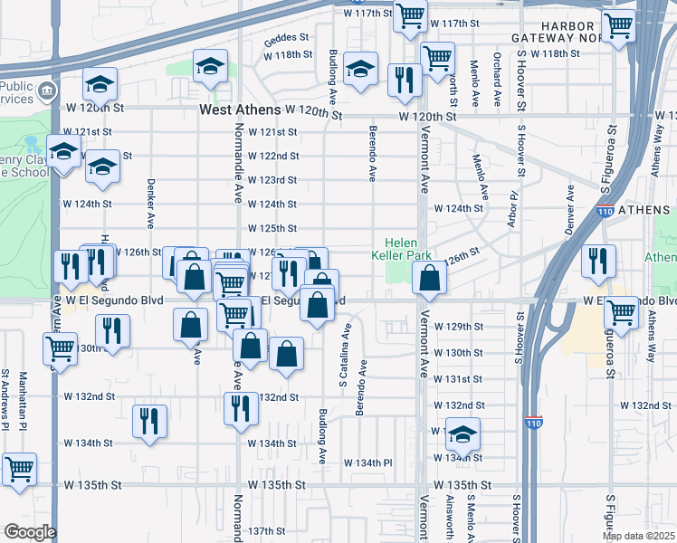 map of restaurants, bars, coffee shops, grocery stores, and more near 1149 West 127th Street in Los Angeles