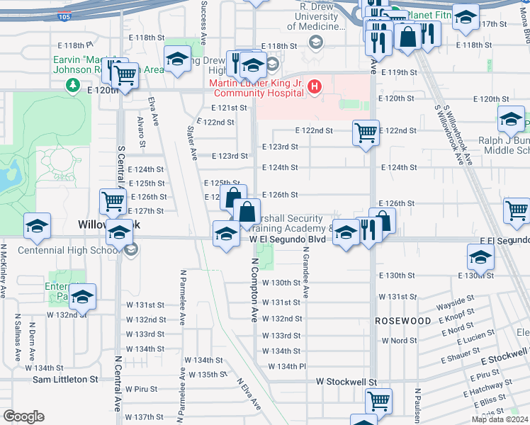 map of restaurants, bars, coffee shops, grocery stores, and more near 12600 South Compton Avenue in Compton