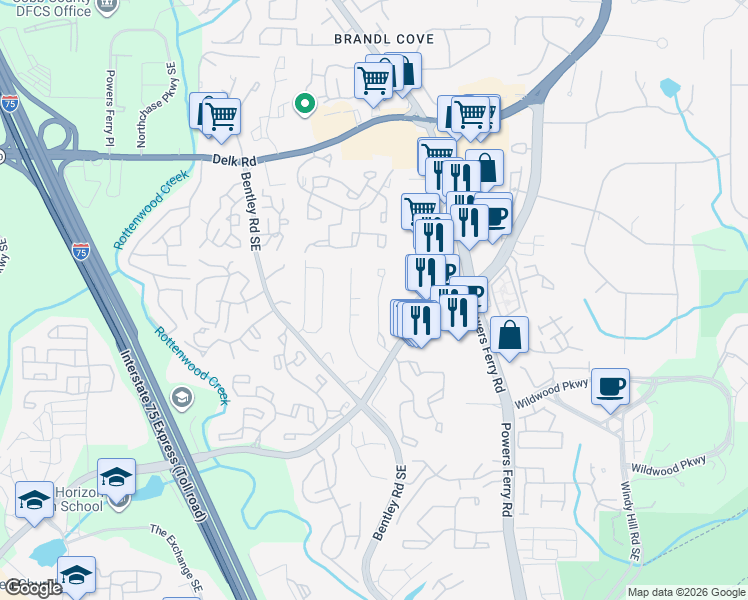 map of restaurants, bars, coffee shops, grocery stores, and more near 1390 Old Virginia Court Southeast in Marietta