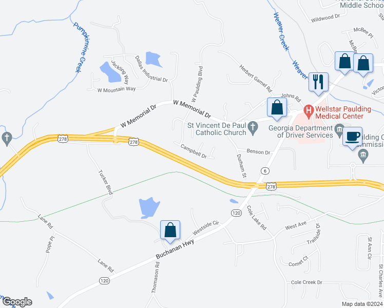 map of restaurants, bars, coffee shops, grocery stores, and more near 208 Campbell Drive in Dallas