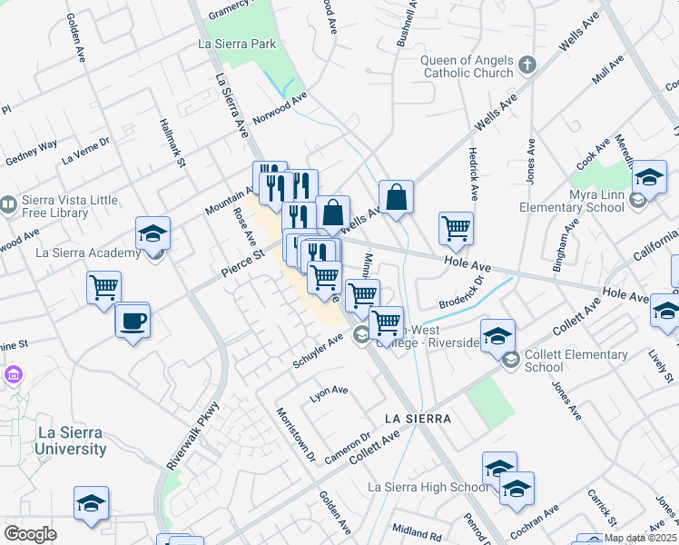 map of restaurants, bars, coffee shops, grocery stores, and more near 11061 Whitford Avenue in Riverside