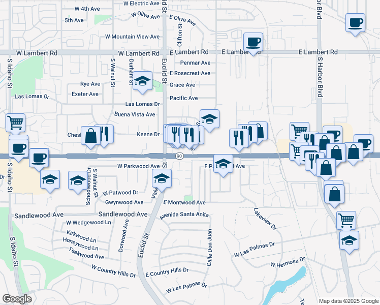 map of restaurants, bars, coffee shops, grocery stores, and more near 1040 South Cypress Street in La Habra