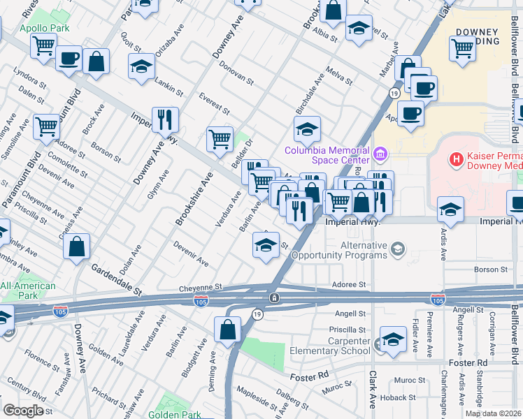 map of restaurants, bars, coffee shops, grocery stores, and more near 8709 Lyndora Street in Downey