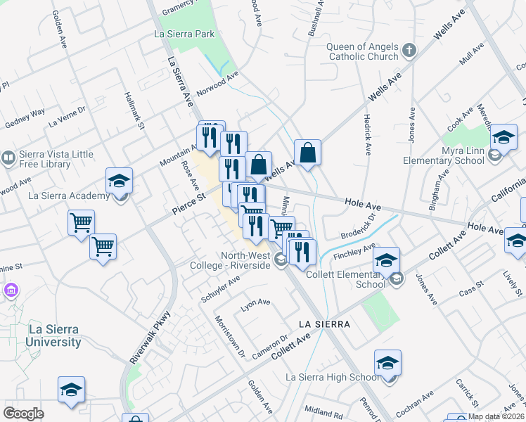 map of restaurants, bars, coffee shops, grocery stores, and more near 11050 Whitford Avenue in Riverside