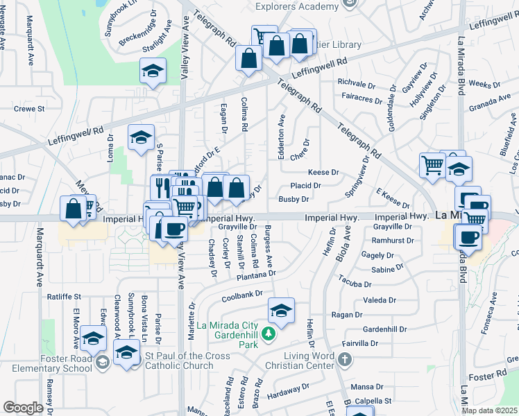 map of restaurants, bars, coffee shops, grocery stores, and more near 12315 Burgess Avenue in Whittier