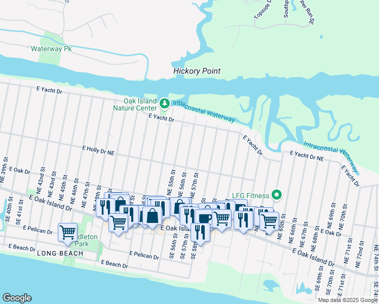 map of restaurants, bars, coffee shops, grocery stores, and more near 312 Northeast 56th Street in Oak Island