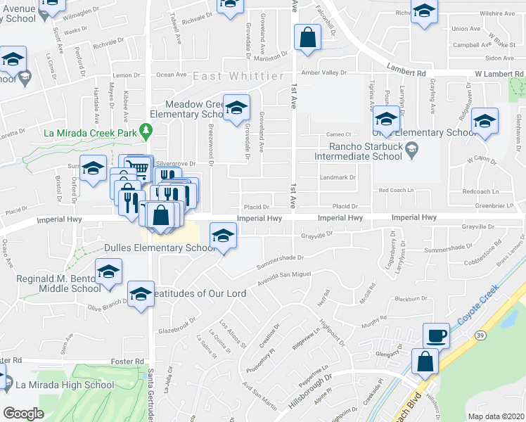 map of restaurants, bars, coffee shops, grocery stores, and more near 16102 Placid Drive in Whittier