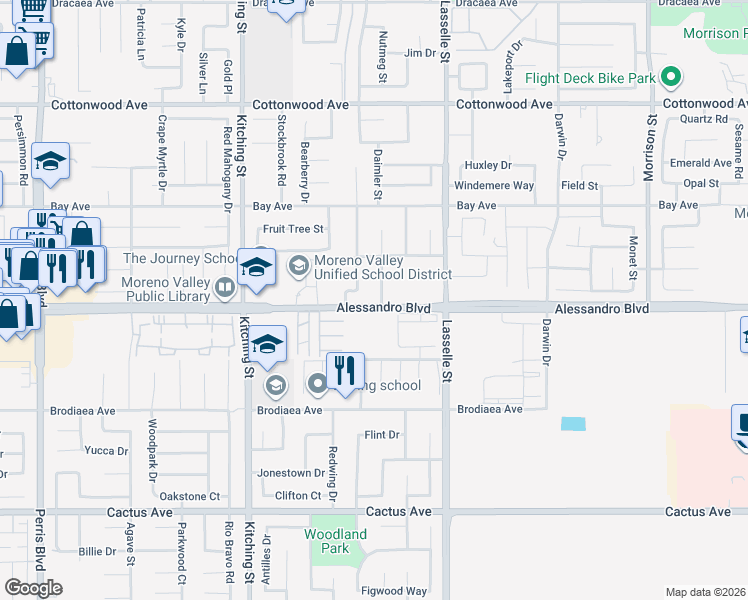 map of restaurants, bars, coffee shops, grocery stores, and more near 13968 Chervil Court in Moreno Valley