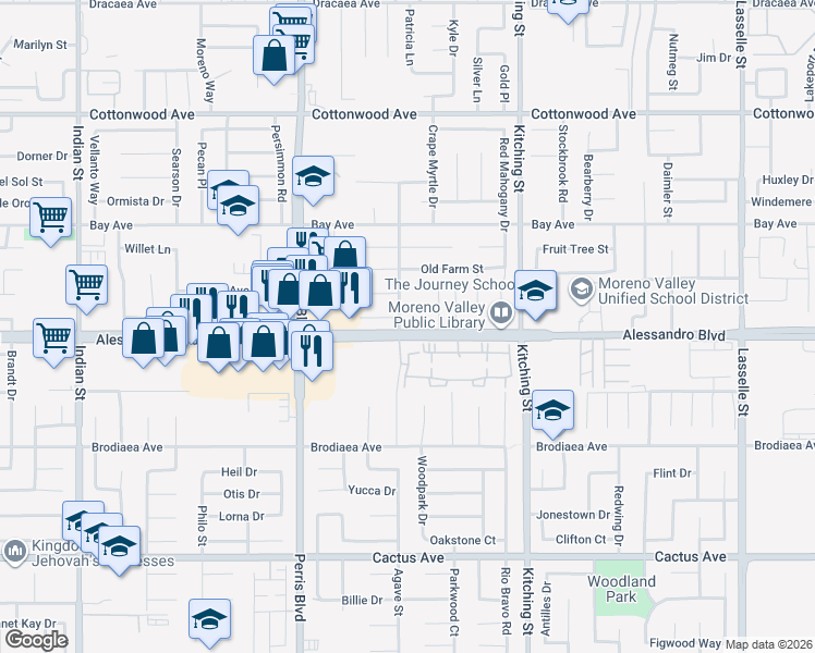 map of restaurants, bars, coffee shops, grocery stores, and more near 13958 Flaming Arrow Drive in Moreno Valley