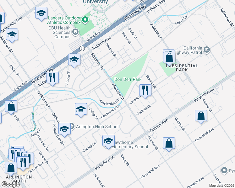 map of restaurants, bars, coffee shops, grocery stores, and more near 3024 Monroe Street in Riverside