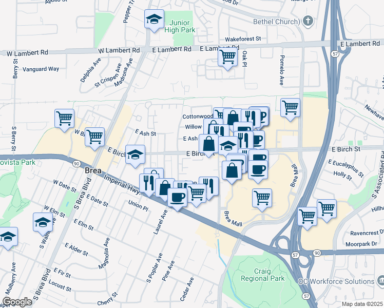 map of restaurants, bars, coffee shops, grocery stores, and more near 617 East Birch Street in Brea