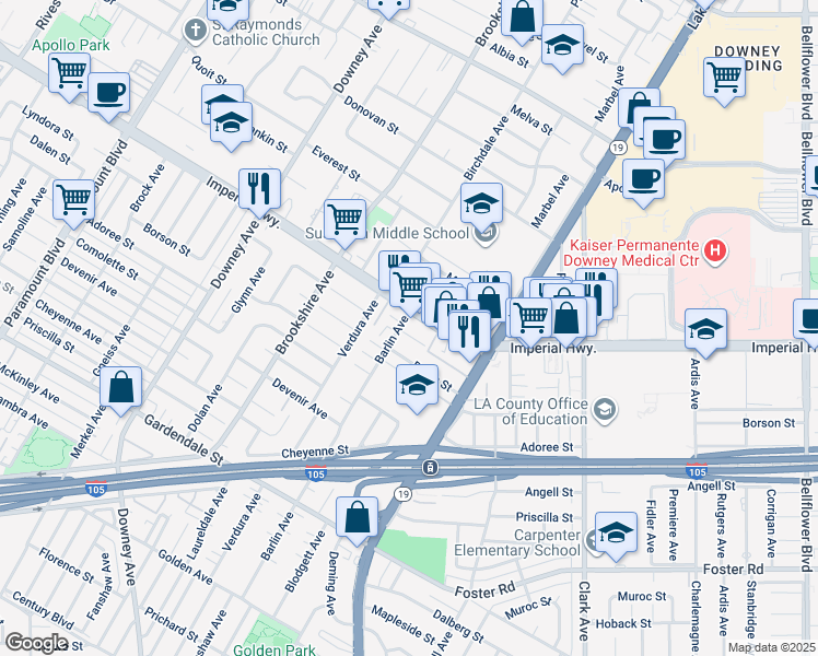 map of restaurants, bars, coffee shops, grocery stores, and more near 12613 Barlin Avenue in Downey