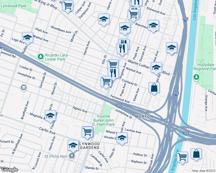 map of restaurants, bars, coffee shops, grocery stores, and more near 4360 Brewster Avenue in Lynwood